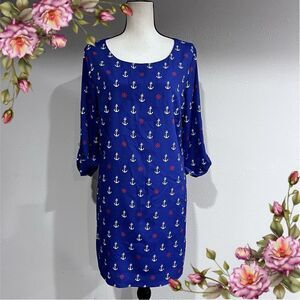 Scoop neck a-line anchor print long sleeve dress